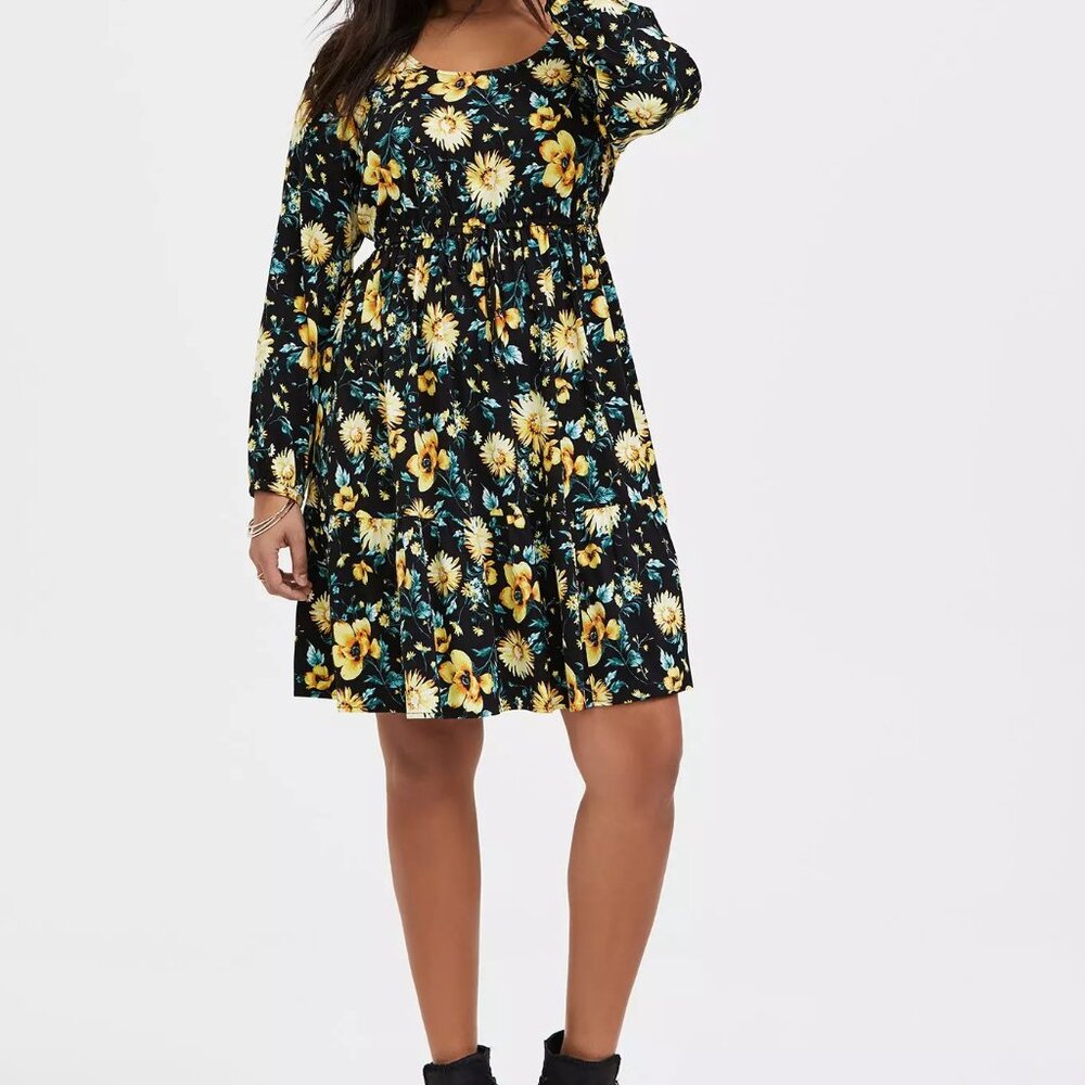 Size 0 (Large) TORRID Mini Skater Dress Yellow Flowers black summer spring